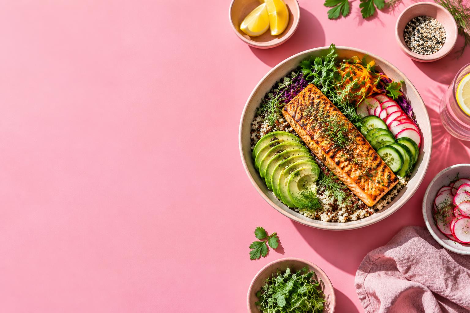 Fresh salmon, avocado and crunchy vegetables on a pink table