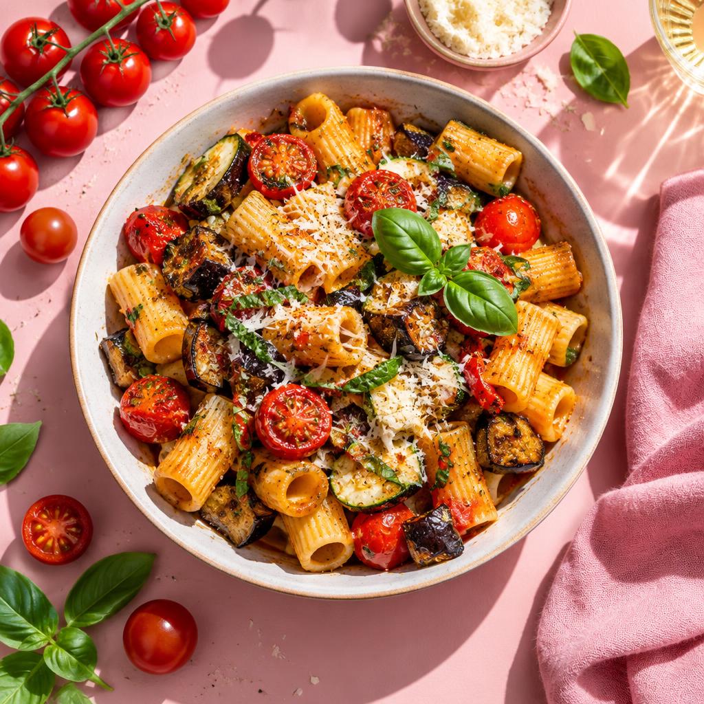 Tomato and basil rigatoni on a pink table